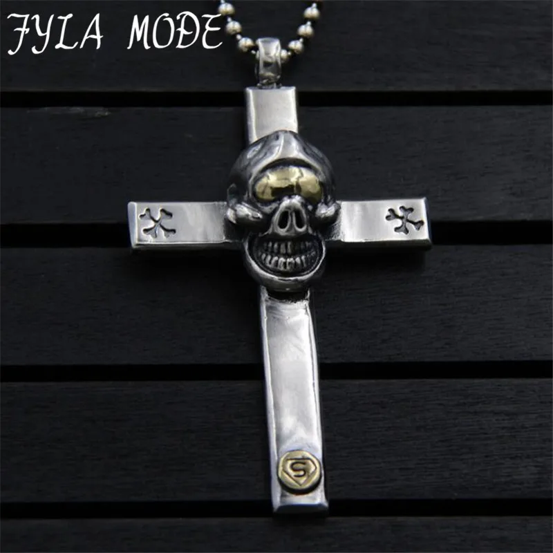 

Retro Punk Men Necklace Fashion Jewelry S925 Silver Skull Cross Pendants Vintage Male Accessories Friendship Gift 42*70MM PBG095