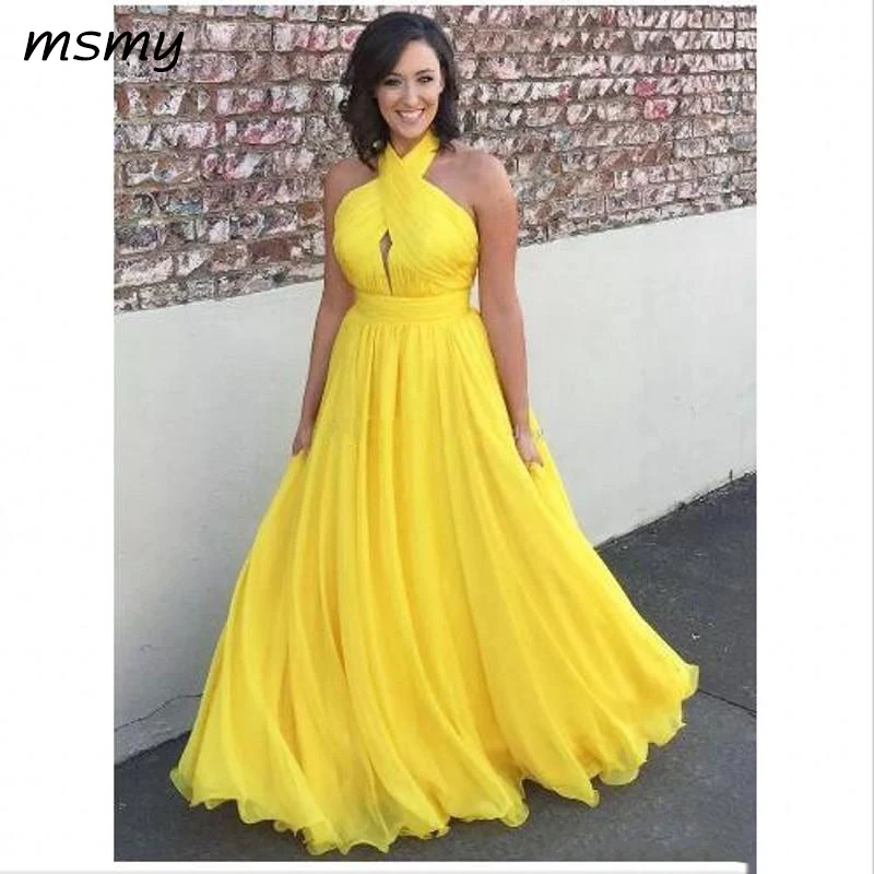 

Yellow Plus Size Chiffon Long Evening Dresses Halter Pleated Flowy Floor Length Backless Evening Dresses Formal Party Gowns