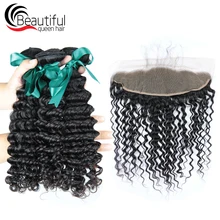 Красивая Королева бразильские человеческие волосы глубокая волна двойное переплетение 3 пучка с 13x4 уха до уха Кружева Фронтальная свободная часть девственные волосы