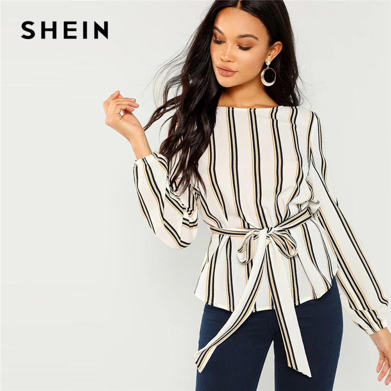 SHEIN blanco Oficina señora elegante rayas estampado cuello redondo de