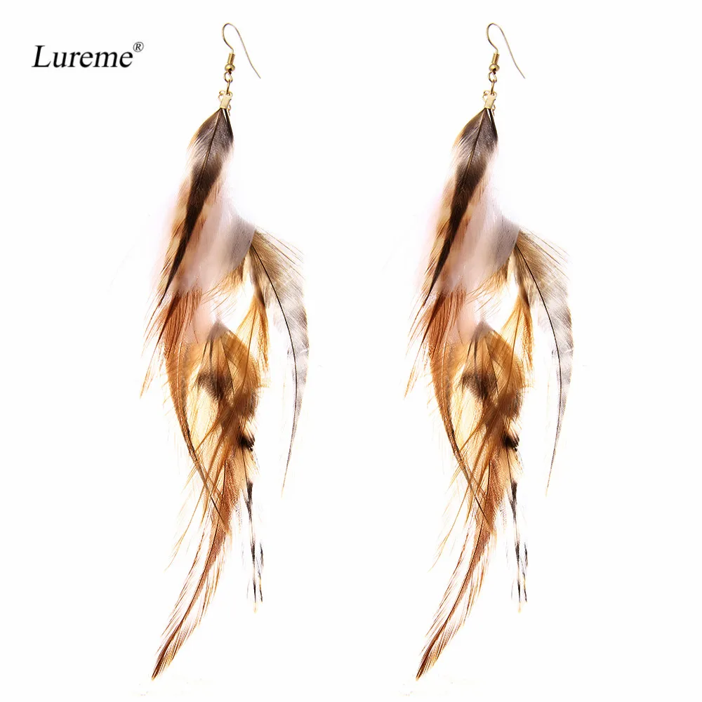 Lureme Новые Модные Винтажные длинные Подвесные серьги с перьями из натурального