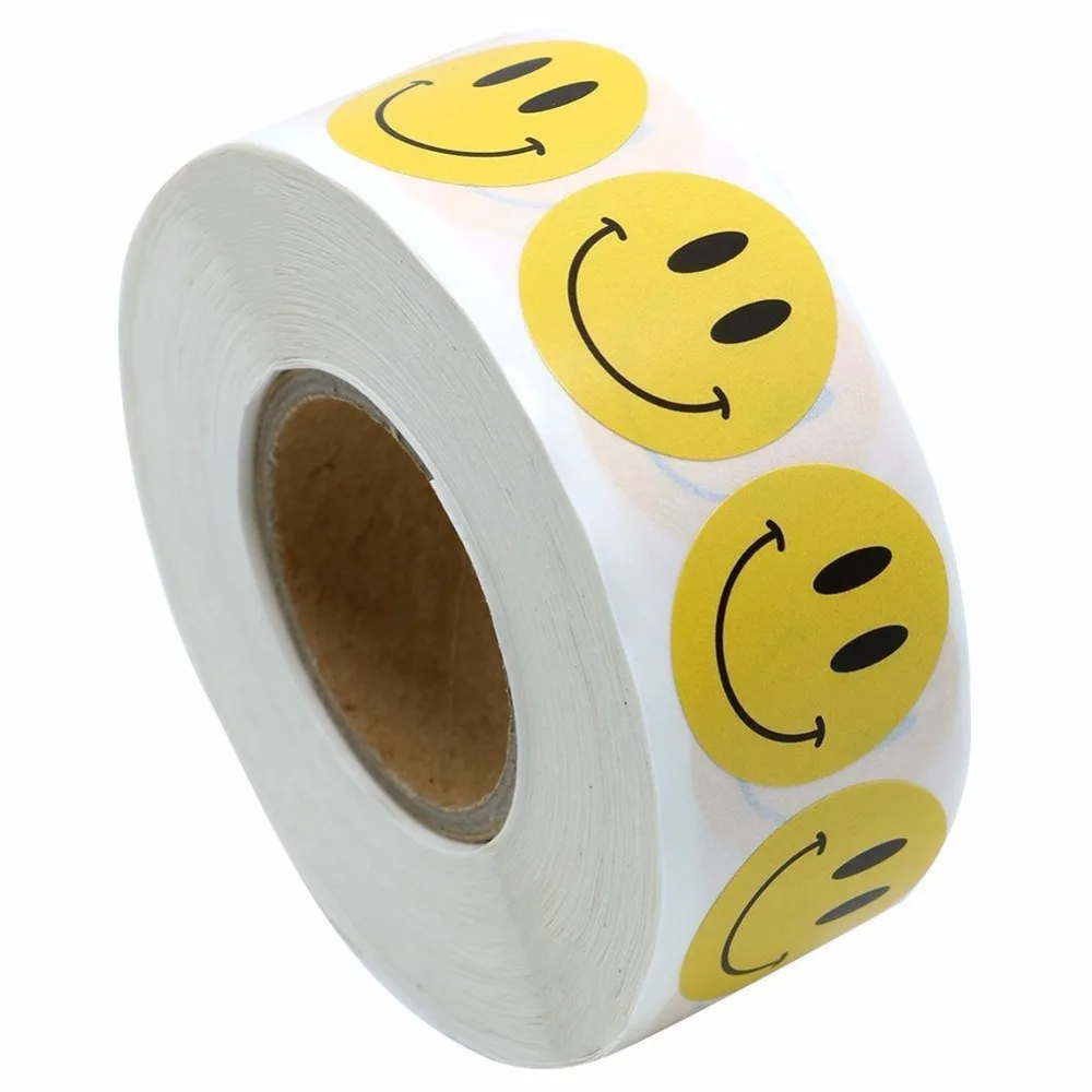 Желтые счастливые наклейки со смайликом, 1 дюйм, круглые кружки, этикетки для учителя, 500 всего(1 упаковка