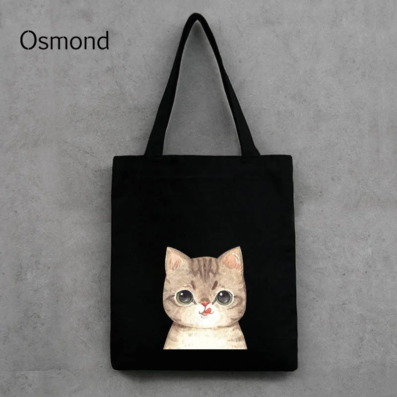 

Osmond Canvas Handbag Women Lovely Cat Printing Shoulder Bags Black White Shopping Bags Daily Use Casual Totes Cute Cartoon Bag
