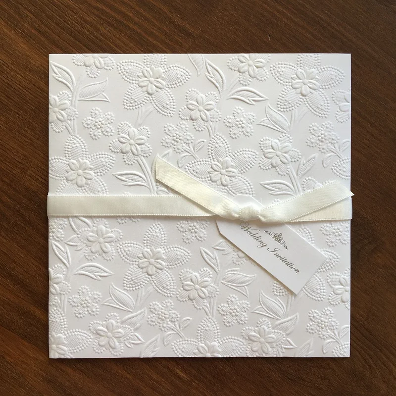

L007 Elegant Wedding Invitation card classic desing while color with satin bow, 10 pcs per pack