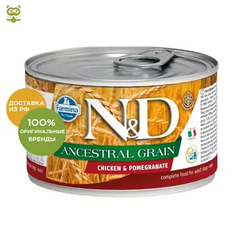 

N&D Dog Ancestral Grain Adult Mini консервы для собак мелких пород, Курица и гранат, 140 г.