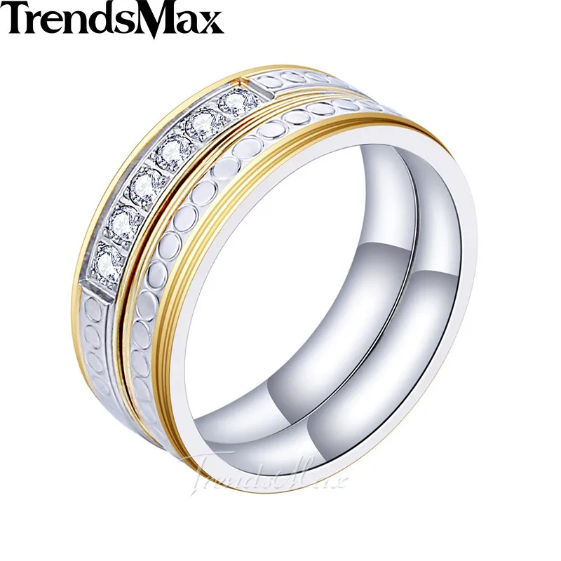 Trendsmax Rhinestones Ring Set Womens Girls Stainless Steel Wedding Engagement Gold Silver Tone 4mm KKR118