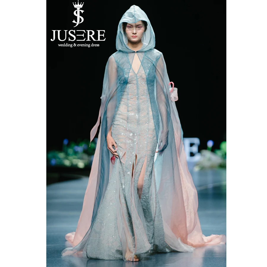 JUSERE 2019 SS MODESHOW Sexy See Through Lange Avondjurk Met Blauwe Cape Formele Jurken Robe De Soiree Vestido de festa JUSERE 2019 SS MODESHOW Sexy See Through Lange Avondjurk Met Blauwe Cape Formele Jurken Robe De Soiree Vestido de festa