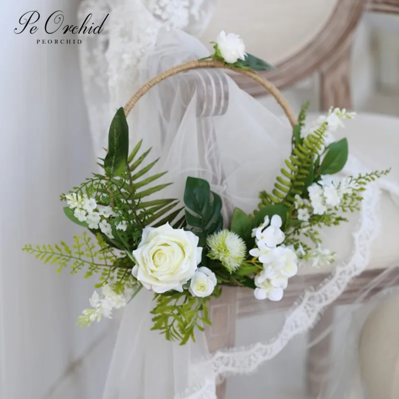 PEORCHID зеленая белая роза Свадебный дверной венок цветочный обруч букет современные свадебные цветы букет Свадебный декор с церковью
