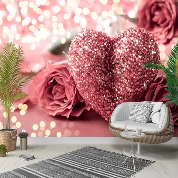 

Else Pink White Roses Diamond Hearts Love 3d Photo Cleanable Fabric Mural Home Decor living Room Bedroom Background Wallpaper
