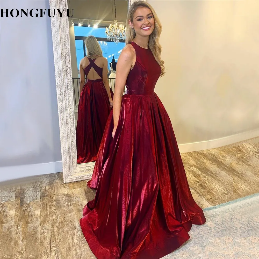 

HONGFUYU Satin Prom Dresses Vestido de Festa O-neck Floor Length Party Ball Gown Evening Dress A Line Formal Pageant Dress Long