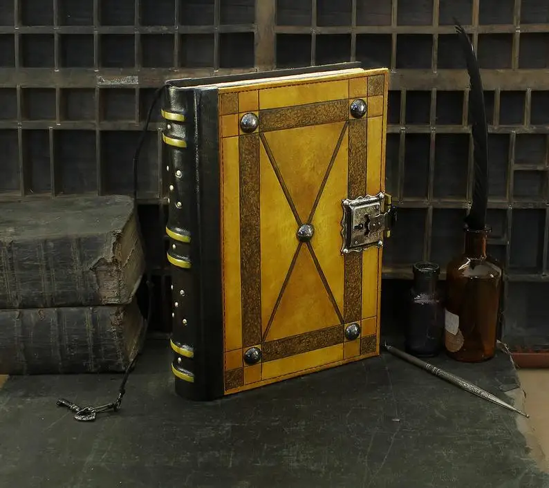 

Genuine leather travel journal notebook sketchbook Leather Journal with Lock and Key Yellow Antiqued Leather