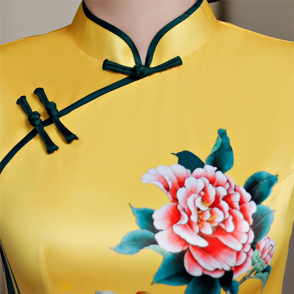 Шанхай история 2019 новая распродажа китайские традиционные платья Длинные Cheongsam цветочный принт Qipao желтые китайские женские платья