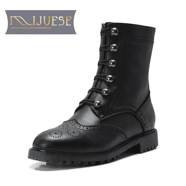 

MLJUESE 2019 women ankle boots cow leather cutouts brogue style winter warm short plush boots women boots party dress
