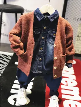 

3PCS boys spring autumn casual clothing set kids beige brown sweater denim blue shirt and jean set baby fashion clothes children