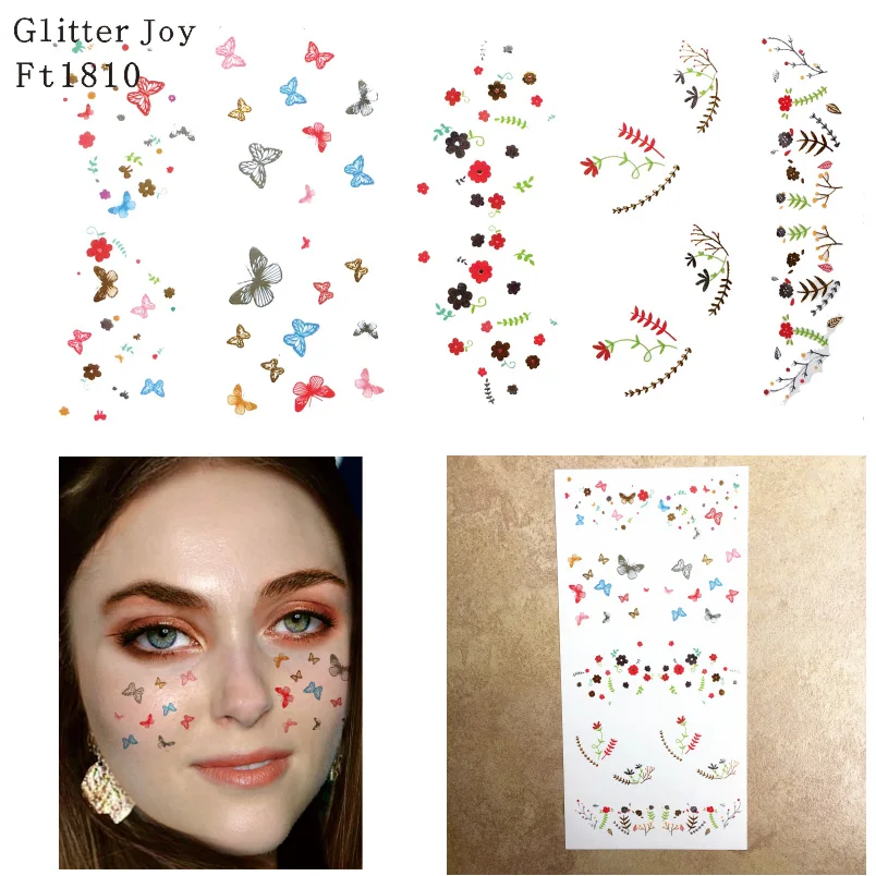 

FT1810 Metallic Silver and Gold with Colored Butterfly Freckle Face Tattoo Sticker for Body Makeup inpsired