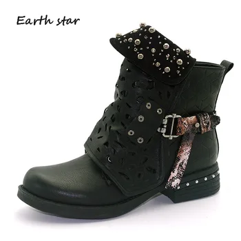

EARTH STAR 2018 Shoes Women Retro Rivets Fashion Brand Boots Lady Martin Boots Ankle Boots Autumn Female Hollow footware Brown