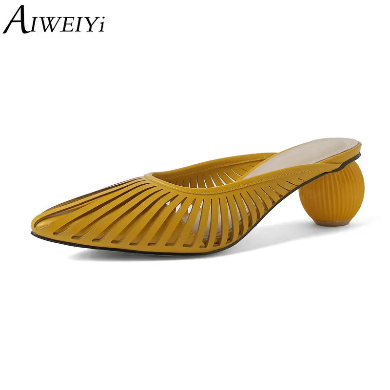 

AIWEIYi Genuine Leather Slippers Cutouts Sandals Pointed toe Strange Style High Heels Summer Flip Flops