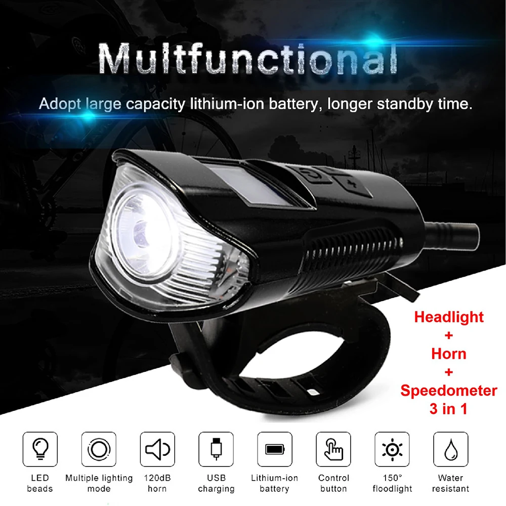 

3 in 1 Waterproof Headlight For Bicycle With Horn Bike Front Light USB Charging Flashlight With Speedometer Bicycle Accessories