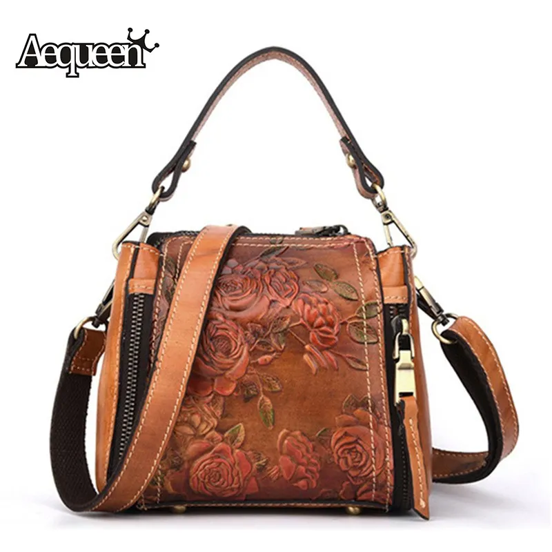 AEQUEEN Genuine Leather Handbag Embossed Flower Crossbody Bag Women Shoulder Bags Luxury Trunk ...