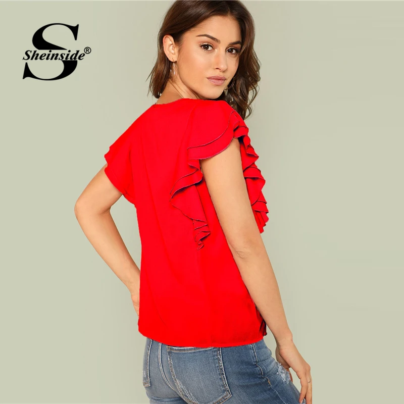 Sheinside Red Hollow Out Butterfly Sleeve Plain Office Ladies Tops Cap Sleeve Womens Clothing 2018 Casual Blouse