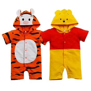 

Short Cotton Summer Baby Romper Cartoon tiger yellow bear bay boy girl clothes toddler Hooded newborn baby jumpsuit outfits