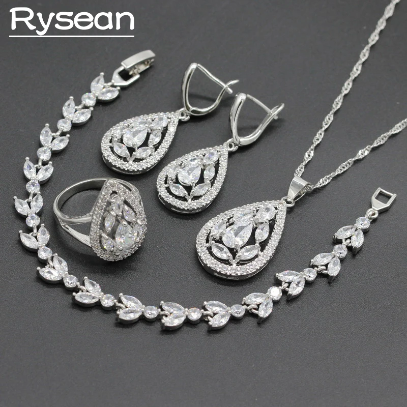 

925 Sterling Silver Bridal Jewelry Sets White Zirconia For Women 2018 New 4PCS Necklace Pendant Bracelet Ring Earrings