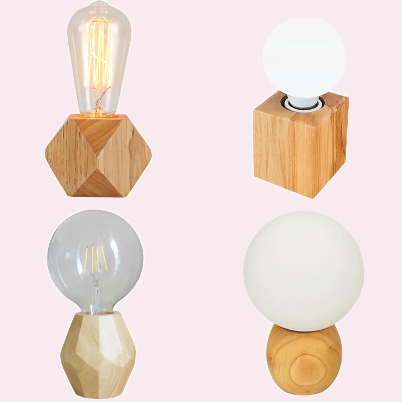 Modern retro mini solid wood polyhedron Table Lamps living room bedroom desk bedside EU plug switch line E27 Wooden tafel lamp