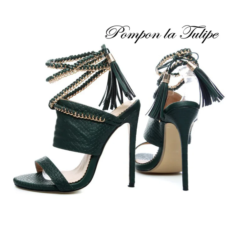 

LH 910010 peep-toe fashion embossed python super high heels sexy sandals with metal chains decorated