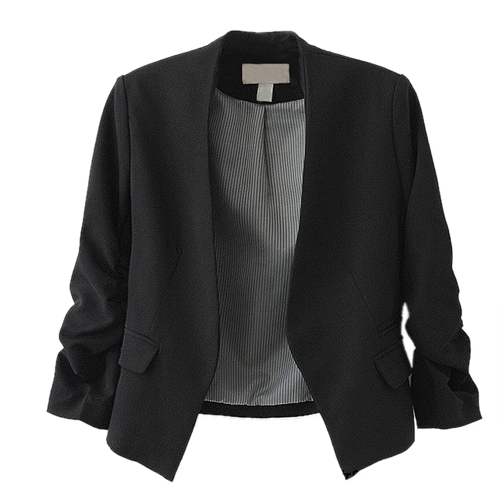 جديد شيك الأساسية الصلبة اللون أزياء المرأة 3/4 كم جيوب أي زر امرأة سليم قصير سترة