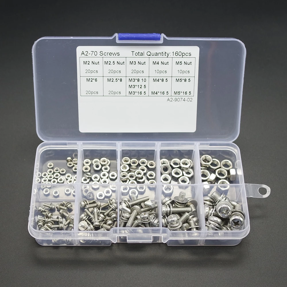 

Practical 160pcs M2 M2.5 M3 M4 M5 A2 SS SEM Phillips Pan Head Screws Nuts Kit