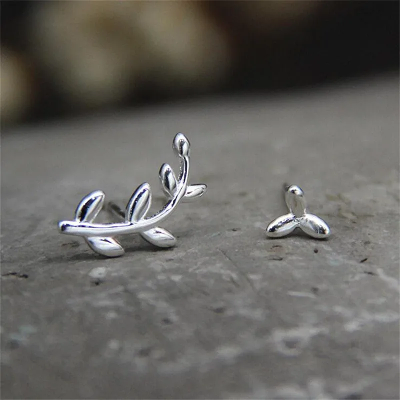 

100% 925 Sterling Silver Trendy Asymmetric Olive Branches & Leaves Stud Earrings For Women Fashion Jewelry Korean Designer