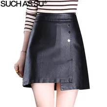 Новая Осенняя Женская Асимметричная юбка из искусственной кожи, модная черная мини-юбка на пуговицах с завышенной талией, женская зимняя кожаная юбка