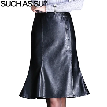 

Fall Winter PU Leather Skirts Womens 2018 New Black Button Knee-Length Ruffles Mermaid Skirt S-3XL Plus Size Office Lady Skirt