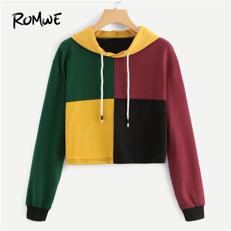 ROMWE Color Block Hooded Sweatshirt Women Casual Autumn