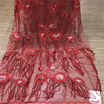 

High quality Red African lace fabric sequins french tulle lace fabric 2018 latest arrival hot sale 5 yards for dress A1099-1