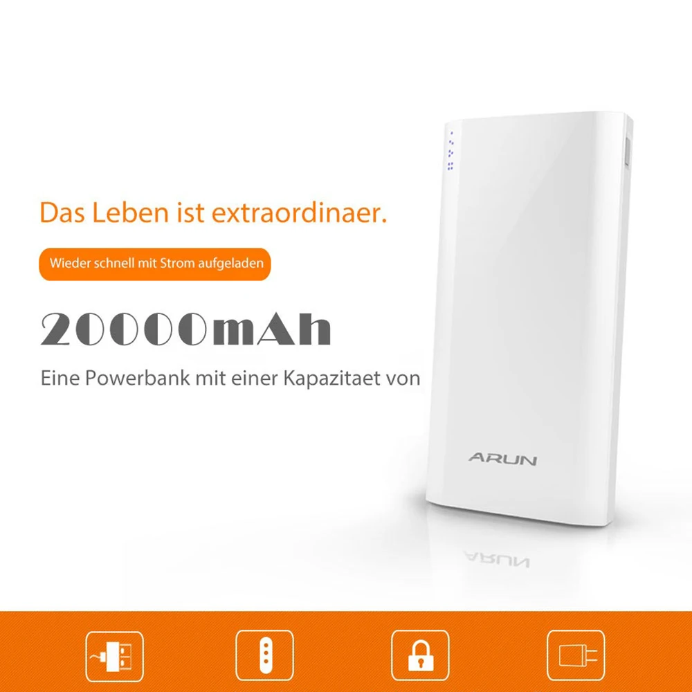 ARUN 20000 mAh внешний аккумулятор 2 USB портативный мобильный телефон зарядное