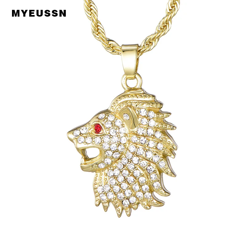 

Lion Head Pendant Iced Out Full Bling Bling Crystal Gold/Silver With Chain High Quality Necklace For Men Hip Hop Jewelry Simba