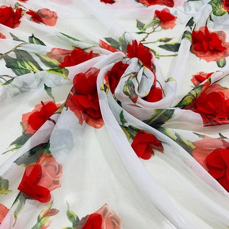 Высокое качество poppy red flower 3d печать Корейская шифоновая ткань, pes, ткань для шитья красивых платьев, швейная одежда MA