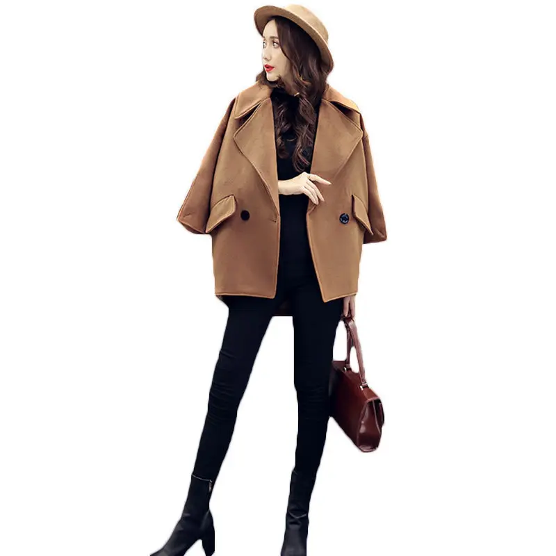 

Short Woolen Coat Women 2018 Autumn Winter New Korean Loose Large Size Solid Color Double Breasted Seven Sleeves Wool Coat LQ127