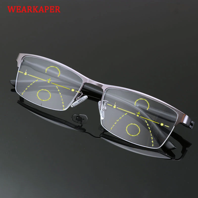 

WEARKAPER Men's Titanium Alloy Tr90 Progressive lenses Reading Glasses Women Fashion Square Classic Multifocal Glasses 1.0-3.5