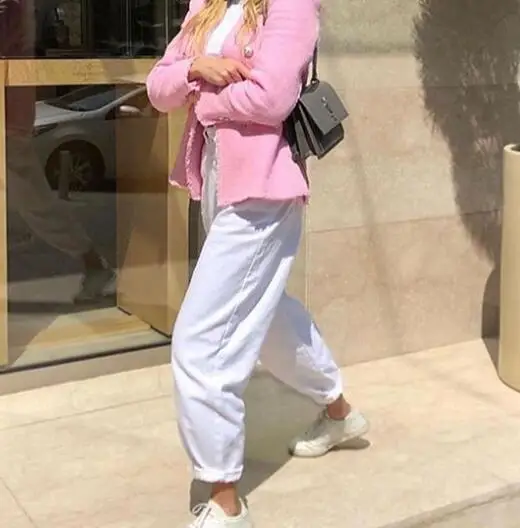 Trendy Women Loose Boyfriend White Pink Jeans High Street Chic Oversize Denim Trousers Pink Jeans Pant