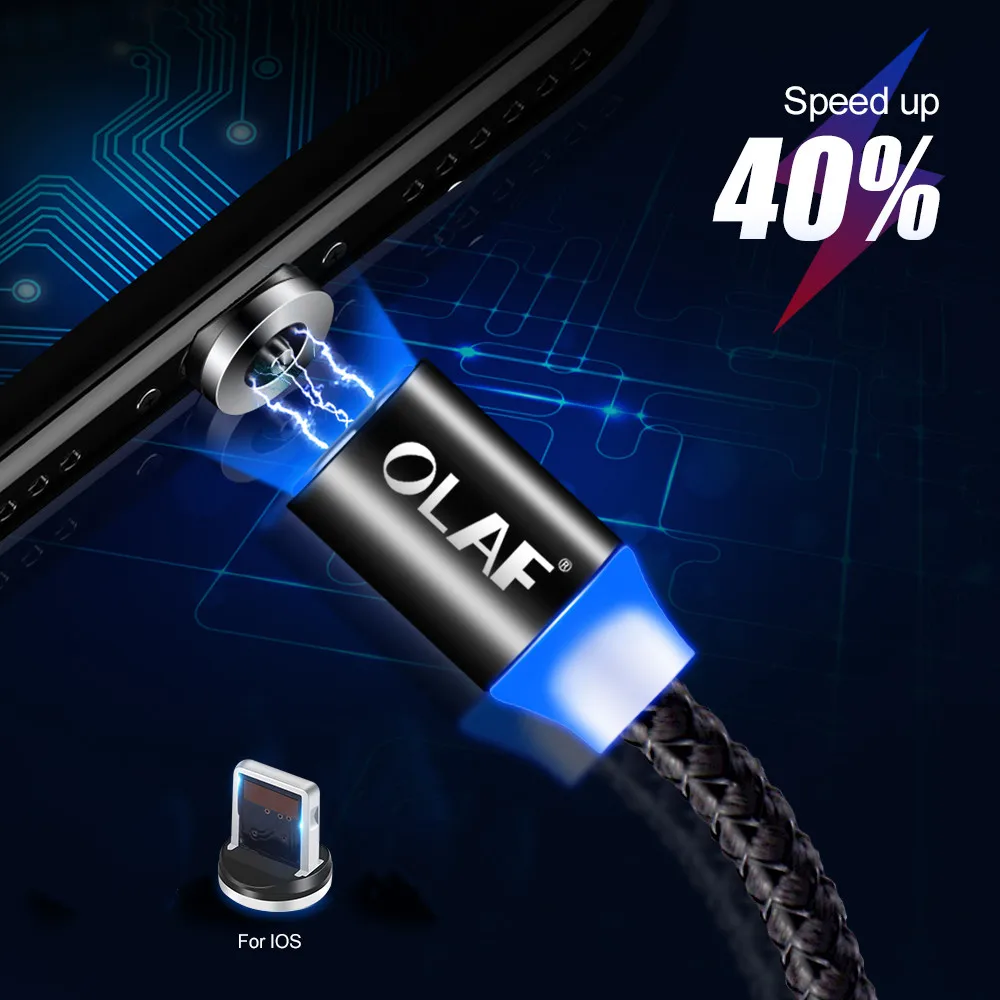 Магнитный usb-кабель OLAF 1 м 2 м 8-контактный кабель для быстрой зарядки USB для iPhone 6 7 8 Plus X XR XS XSMax Магнитный светодиодный шнур для зарядного устройства