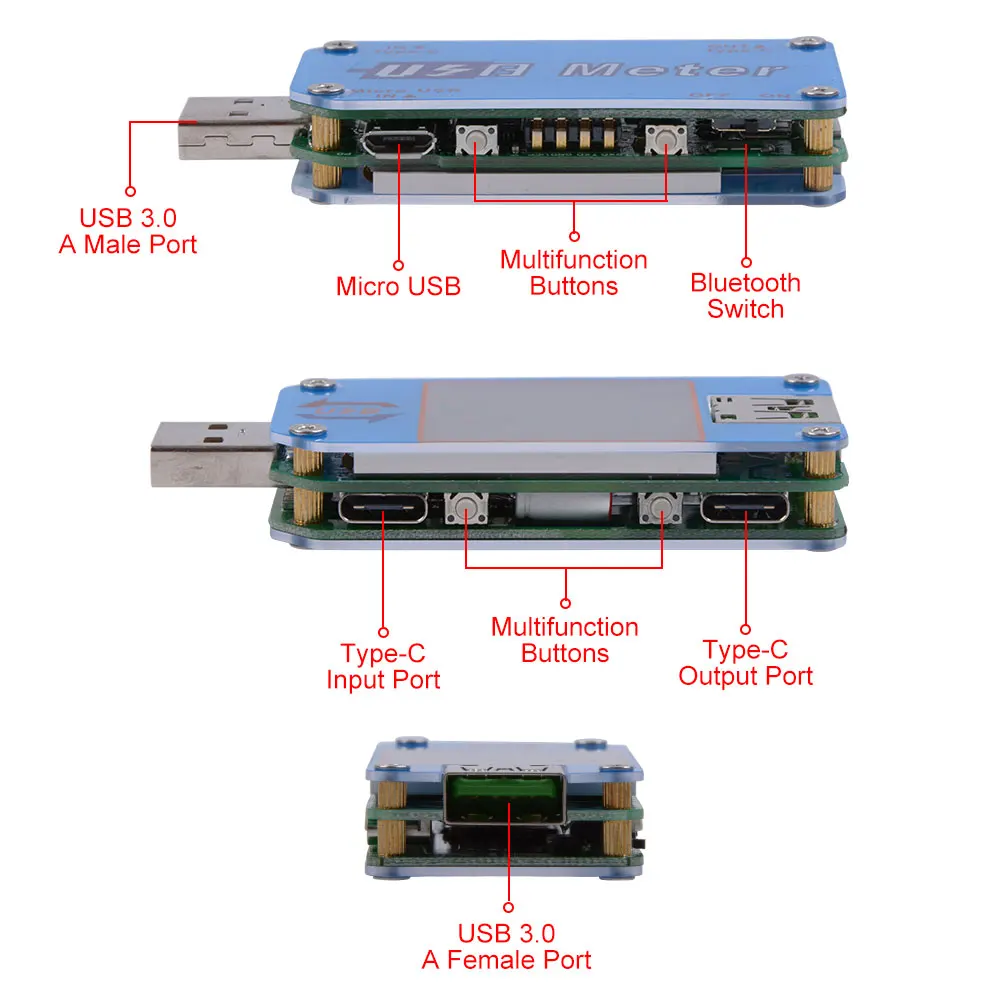 Цветной ЖК-тестер для экрана UM25C USB с цветным ЖК-дисплеем и портами Micro USB и type-C вращается в 4 направлениях