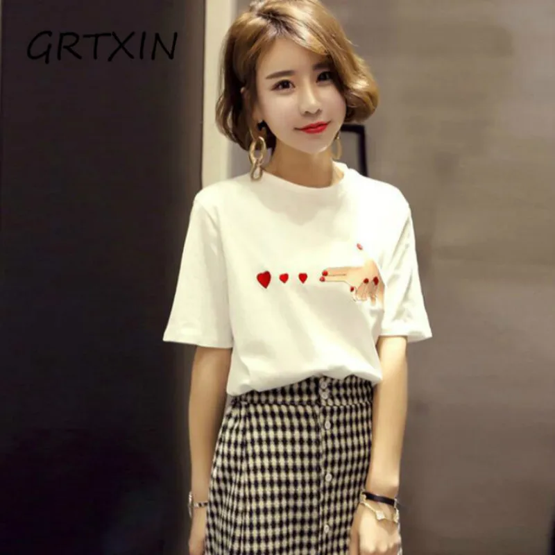 

Lovely Heart Pistol Printing Women T-shirt Round Collar Cotton Cute Tshirt Girl