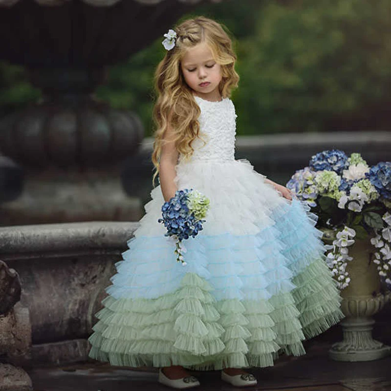 

2019 New Fairy Girl Dress Lace Gradient Sleeveless Layered Dress Performance Costume Host Dress for 3-8Y Baby Girl Dresses