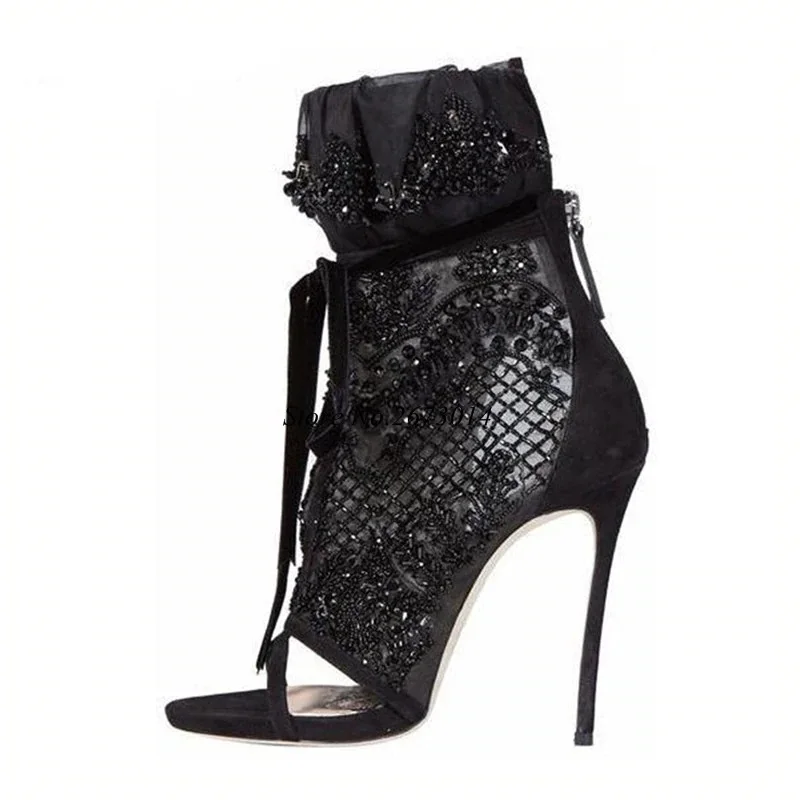 

Runway Black Lace Crystal Studded Sandals Women Cross-tied Open Toe Thin high heels Summer Shoes Sexy Party Dress Stilettos