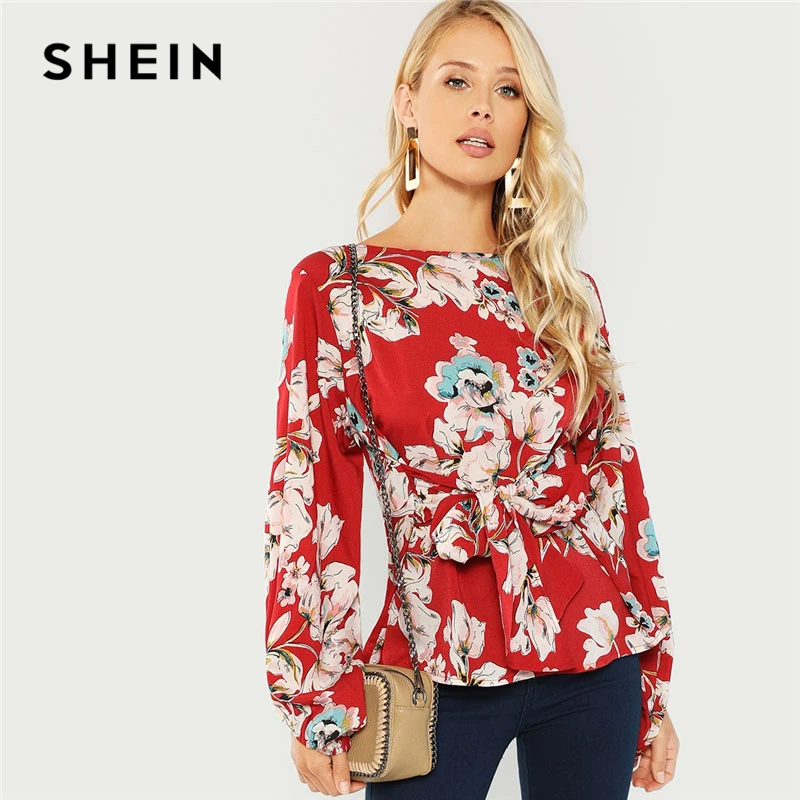 

SHEIN Burgundy Knot Front Floral Print Blouse Elegant Casual Round Neck Long Sleeve Blouses Women Autumn Modern Lady Tops