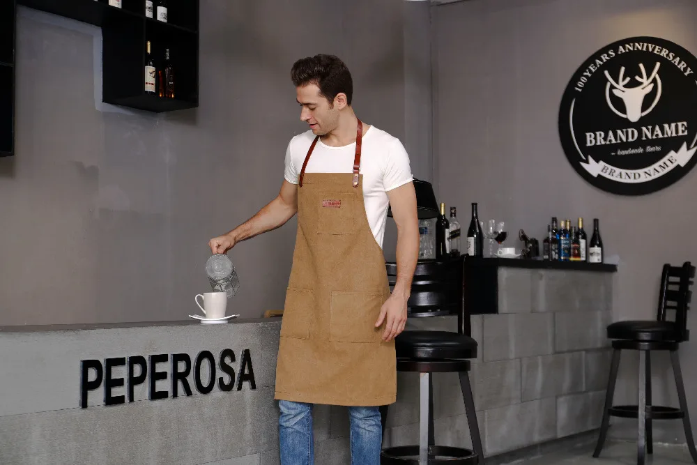 WEEYI Fashion Canvas Coffee Shop Aprons Carpenter Barber Working Apron Bib Woodworker Chef Cooking Kitchen Aprons For Woman Man