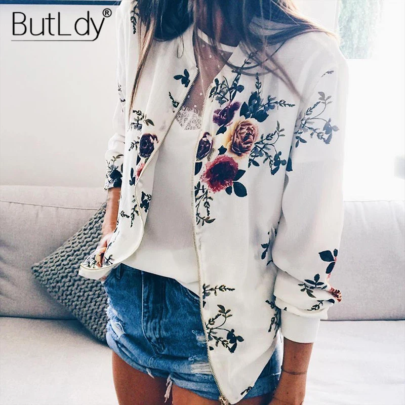 Floral Print Zipper Casual Jacket Women 2019 Spring Summer Long Sleeve Loose Bomber Jacket Coat O Neck Fashion Tops Outerwear