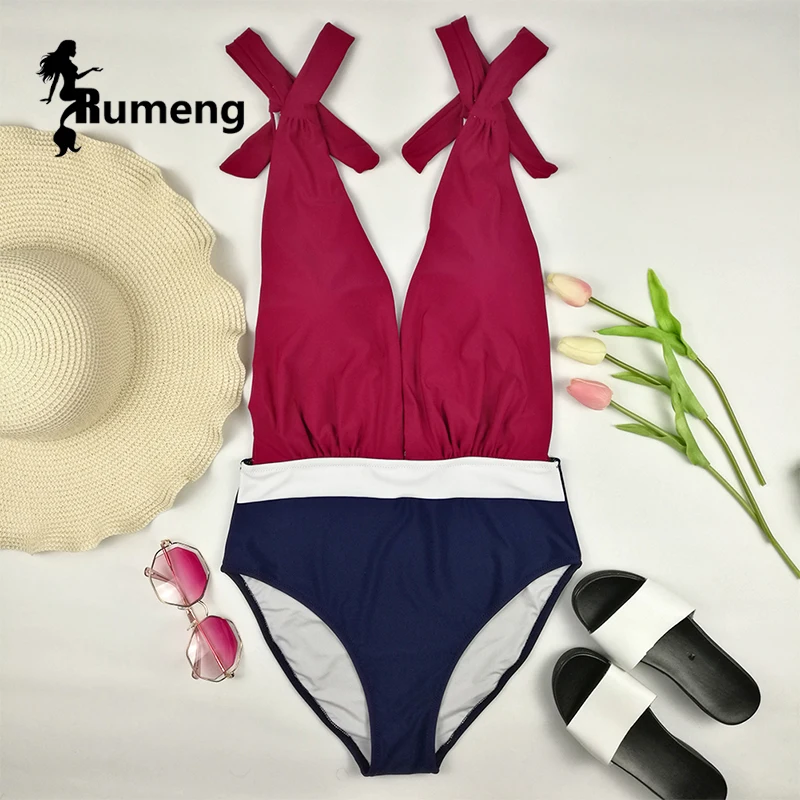 RUMENG New 2018 One-pieces Swimsuit Patchwork Swimsuit